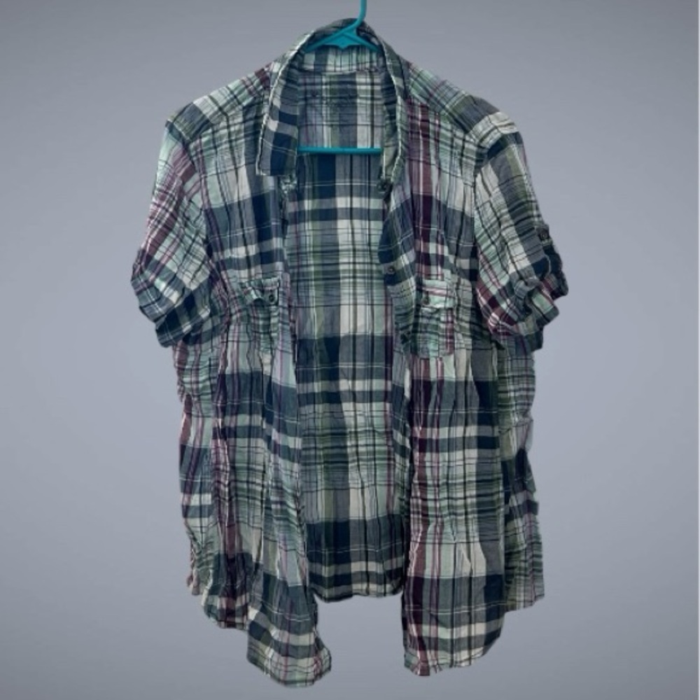 ◻️SOMOMA: Women’s XL, multicolor plaid short sleeve button down top preowned◻️